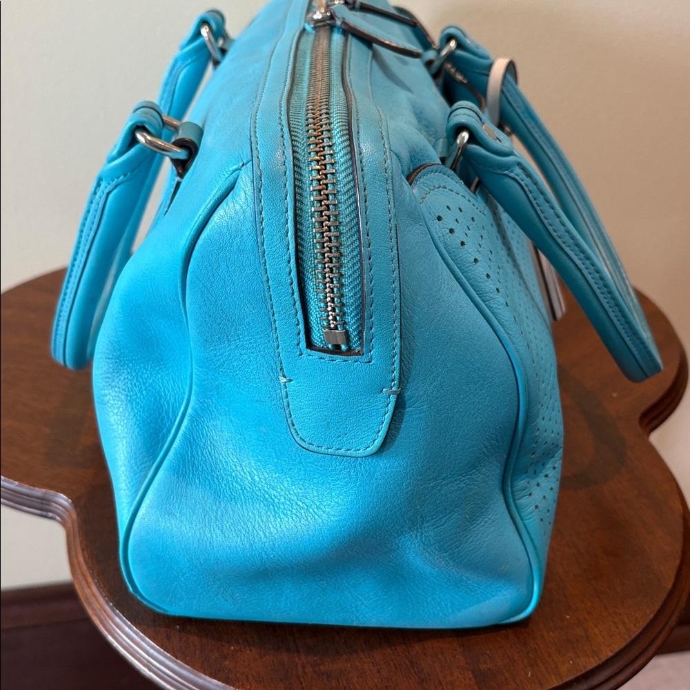 Coach perforated leather Haley Satchel turquoise/white tassels & hangtag Exce - Picture 6 of 17